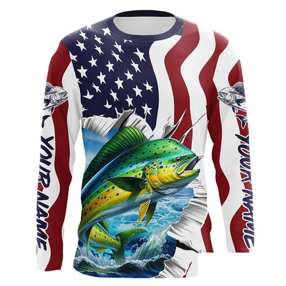 Custom American Flag Mahi Mahi Long Sleeve Fishing Shirts, Patriotic Mahimahi Fishing Jerseys IPHW6118