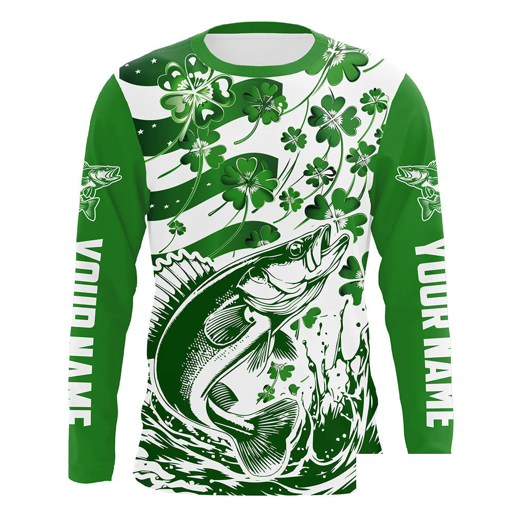 Custom St Patrick'S Day American Flag Walleye Fishing Shirts, Shamrock Flag Walleye Fishing Jerseys IPHW5896