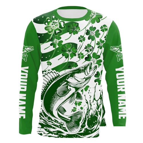 Custom St Patrick'S Day American Flag Walleye Fishing Shirts, Shamrock Flag Walleye Fishing Jerseys IPHW5896