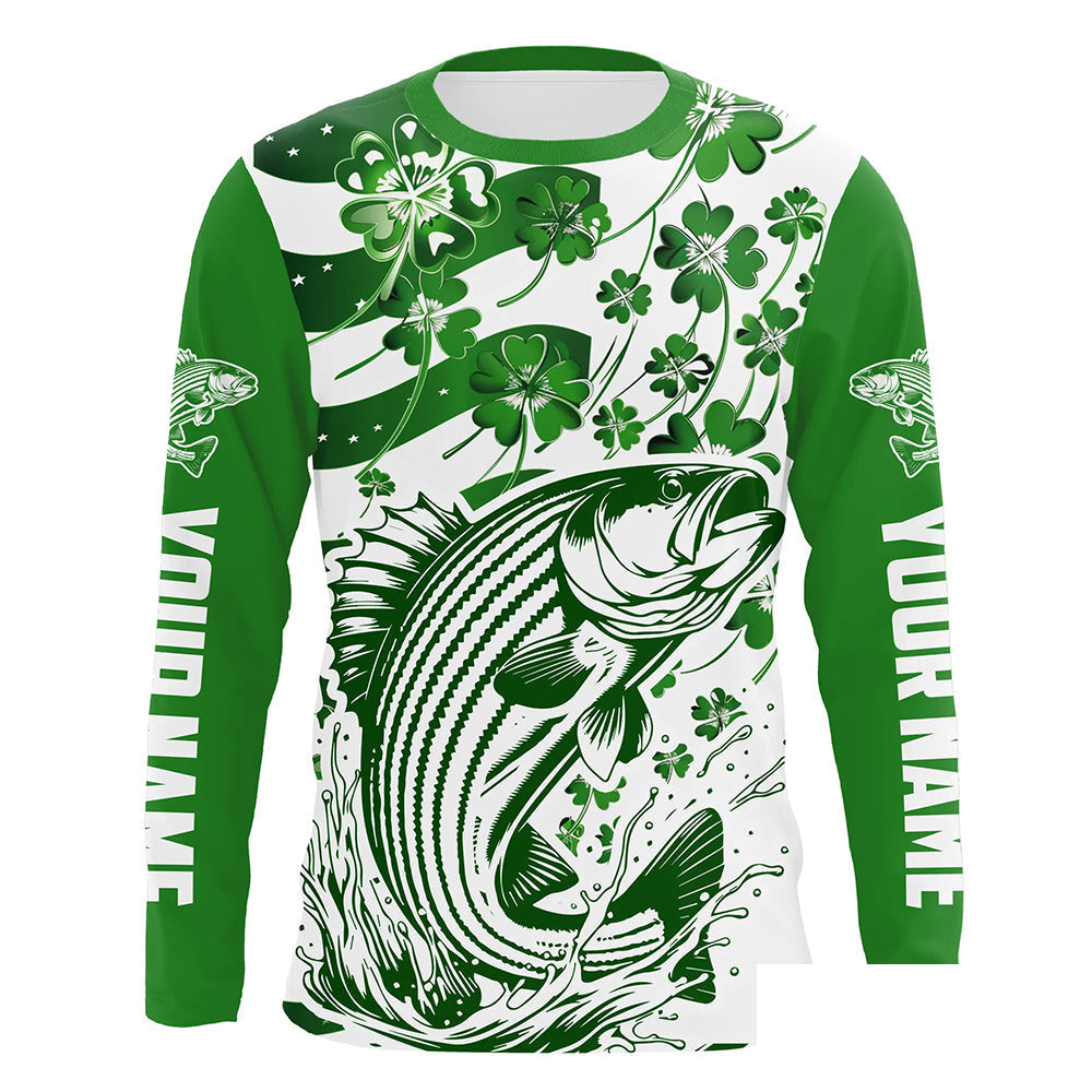 Custom St Patrick'S Day American Flag Striped Bass Fishing Shirts, Patriotic Striper Fishing Jerseys IPHW5897