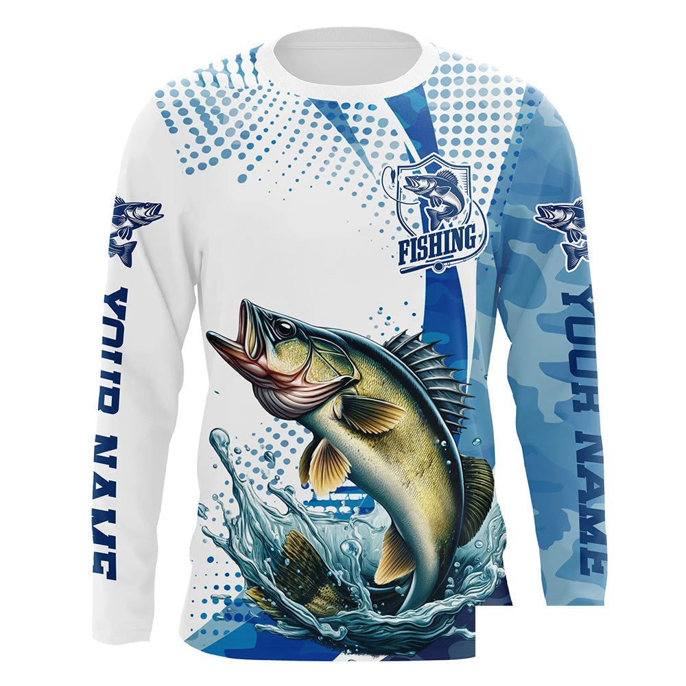Custom Walleye Long Sleeve Fishing Shirts, Walleye Fishing Tournament Shirts | Blue Camo IPHW6833