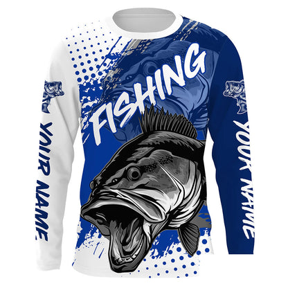 Personalized Bass Long Sleeve Tournament Fishing Shirts, Custom Bass Fishing Jerseys | Blue IPHW5800