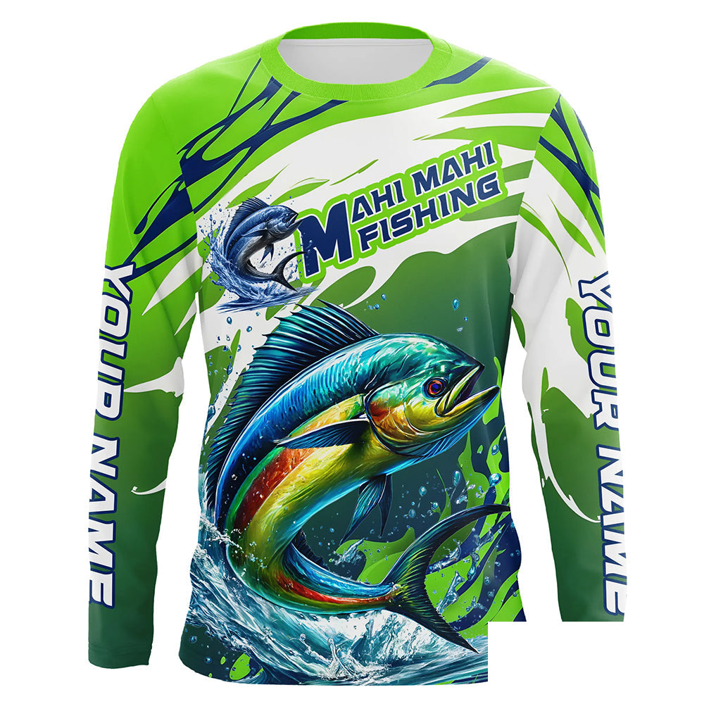 Custom Mahi Mahi Fishing Jersey, Mahimahi Long Sleeve Uv Protection Fishing Shirts | Green IPHW6869