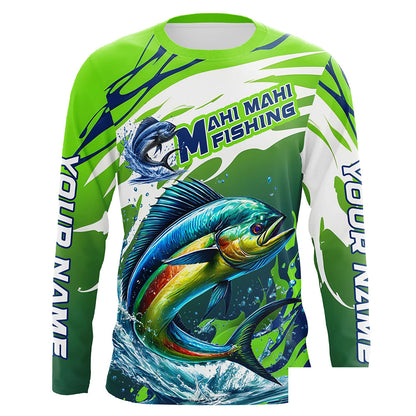 Custom Mahi Mahi Fishing Jersey, Mahimahi Long Sleeve Uv Protection Fishing Shirts | Green IPHW6869