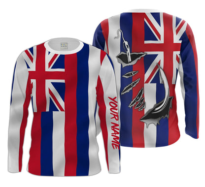 Hawaii State Fishing Custom Hawaiian Flag 3D Fish Hook UV protection Men Long sleeve fishing apparel gifts - HPW50