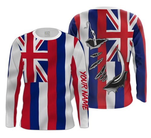 Hawaii State Fishing Custom Hawaiian Flag 3D Fish Hook UV protection Men Long sleeve fishing apparel gifts - HPW50