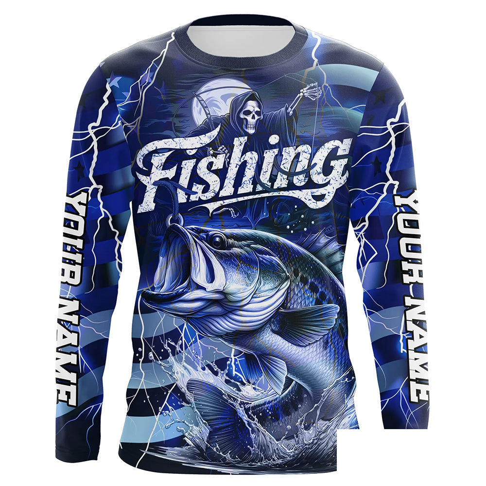 Blue Lightning American Flag Custom Bass Fishing Long Sleeve Shirts, Fish Reaper Fishing Jerseys IPHW6686