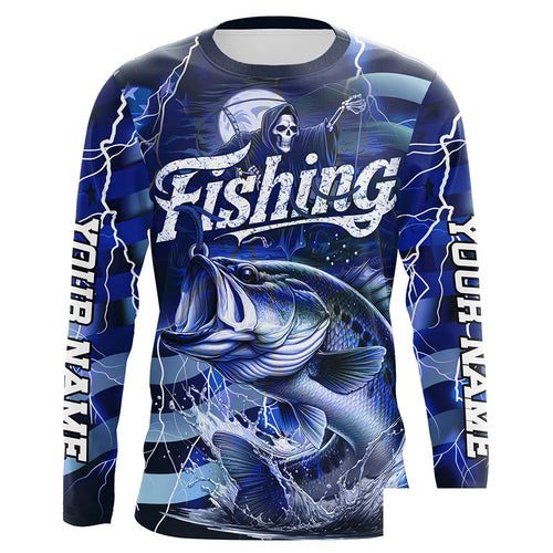 Blue Lightning American Flag Custom Bass Fishing Long Sleeve Shirts, Fish Reaper Fishing Jerseys IPHW6686