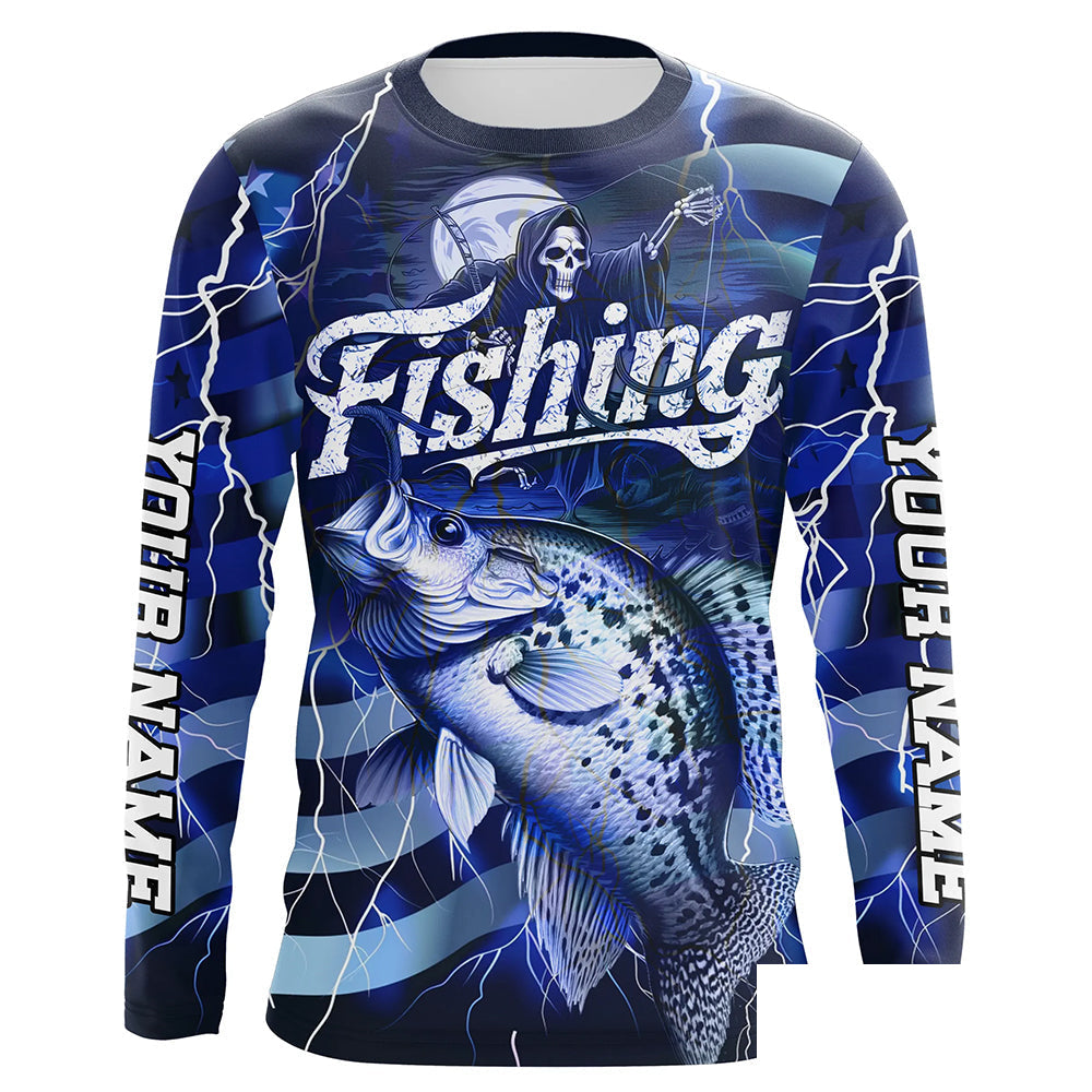 Blue Lightning American Flag Custom Crappie Fishing Long Sleeve Shirts, Fish Reaper Fishing Jerseys IPHW6687