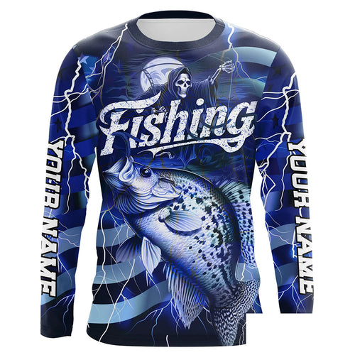 Blue Lightning American Flag Custom Crappie Fishing Long Sleeve Shirts, Fish Reaper Fishing Jerseys IPHW6687