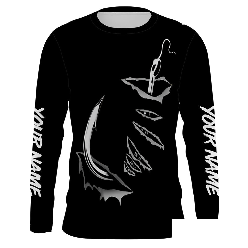 3D Fish hook Customize UV Protection Long sleeve performance black Fishing Shirts - IPHW522