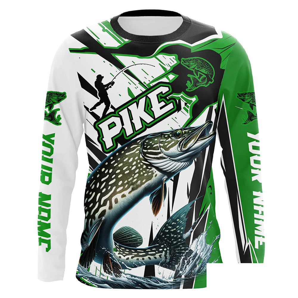 Custom Pike Long Sleeve Performance Fishing Shirts, Pike Fishing Jerseys | Green IPHW6215