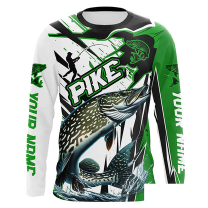 Custom Pike Long Sleeve Performance Fishing Shirts, Pike Fishing Jerseys | Green IPHW6215