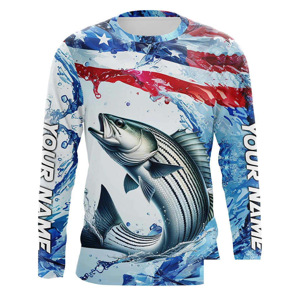 Striped Bass Fishing American Flag Saltwater Fishing Shirts, Custom Striper Fishing Jerseys IPHW6528