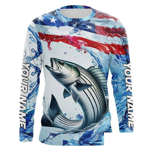 Striped Bass Fishing American Flag Saltwater Fishing Shirts, Custom Striper Fishing Jerseys IPHW6528