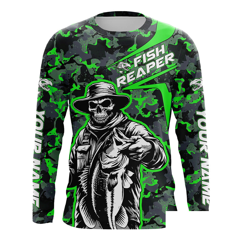 Custom Fish Reaper Skull Bass Long Sleeve Fishing Shirt, Bass Hunter Green Camo Fishing Jerseys IPHW5639