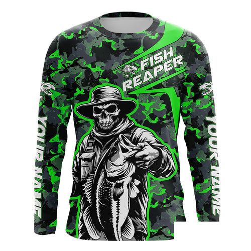 Custom Fish Reaper Skull Bass Long Sleeve Fishing Shirt, Bass Hunter Green Camo Fishing Jerseys IPHW5639