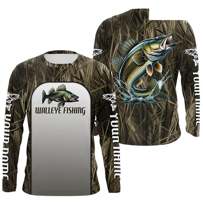 Walleye Fishing Grass Camo Custom Long Sleeve Fishing Shirts, Walleye Tournament Fishing Jerseys IPHW6245