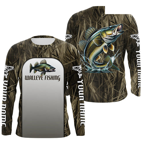 Walleye Fishing Grass Camo Custom Long Sleeve Fishing Shirts, Walleye Tournament Fishing Jerseys IPHW6245