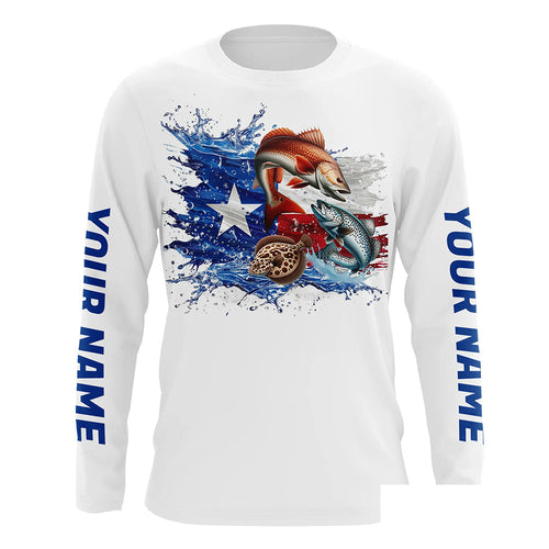 Personalized Texas Slam Redfish, Trout, Flounder Long Sleeve Fishing Shirts, Texas Fishing Jerseys IPHW7053