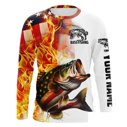 Flame American Flag Custom Bass Fishing Shirts, Patriotic Bass Long Sleeve Fishing Jerseys IPHW5966