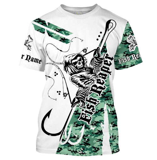 Fish reaper military green camo Custom Men Fishing T Shirts, Fish skull personalized Fishing gifts - HPW65