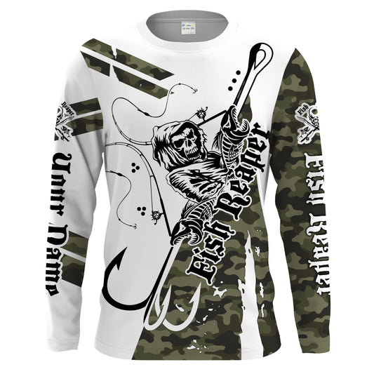 Fish reaper military camo Custom Men Long Sleeve Fishing Shirts, Fish skull personalized Fishing gifts - HPW63