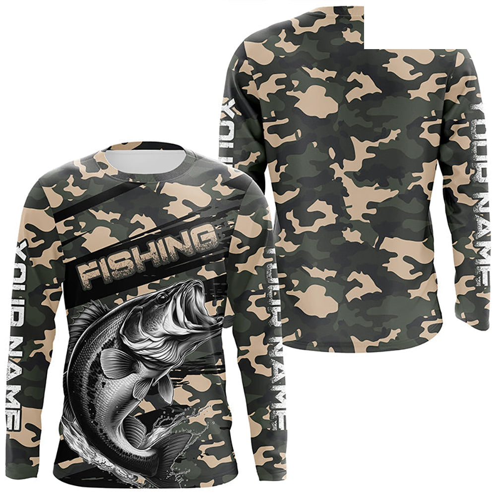 Largemouth Bass Fishing Camo Custom Long Sleeve Shirts, Patriotic Bass Fishing Jerseys IPHW6043