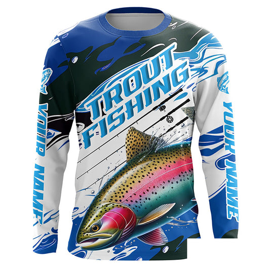 Rainbow Trout Custom Long Sleeve Fishing Shirts, Trout Fly Fishing Jerseys | Blue Camo IPHW6290