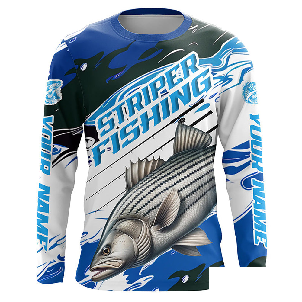 Striped Bass Fishing Custom Long Sleeve Performance Shirts, Striper Fishing Jerseys | Blue Camo IPHW6291