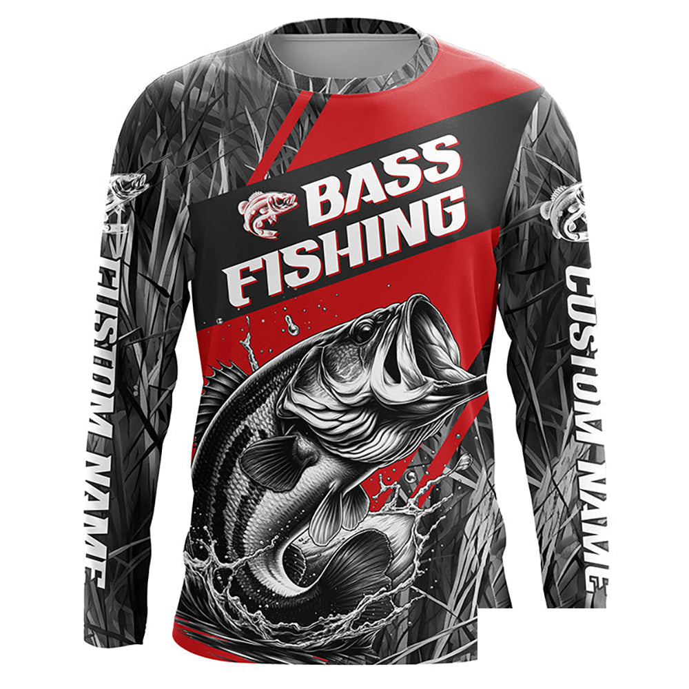 Black And Red Camo Bass Long Sleeve Tournament Fishing Shirts, Custom Bass Fishing Jerseys IPHW6315