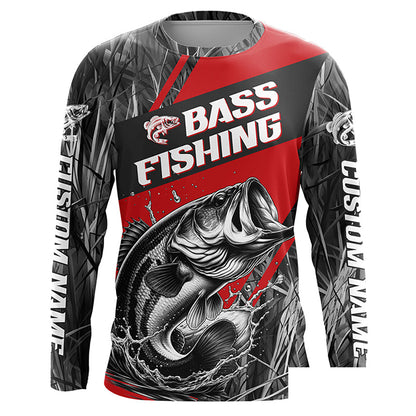 Black And Red Camo Bass Long Sleeve Tournament Fishing Shirts, Custom Bass Fishing Jerseys IPHW6315