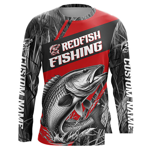 Black And Red Camo Redfish Long Sleeve Tournament Fishing Shirts, Custom Redfish Fishing Jerseys IPHW6316