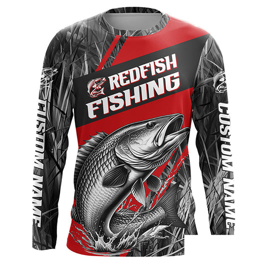 Black And Red Camo Redfish Long Sleeve Tournament Fishing Shirts, Custom Redfish Fishing Jerseys IPHW6316