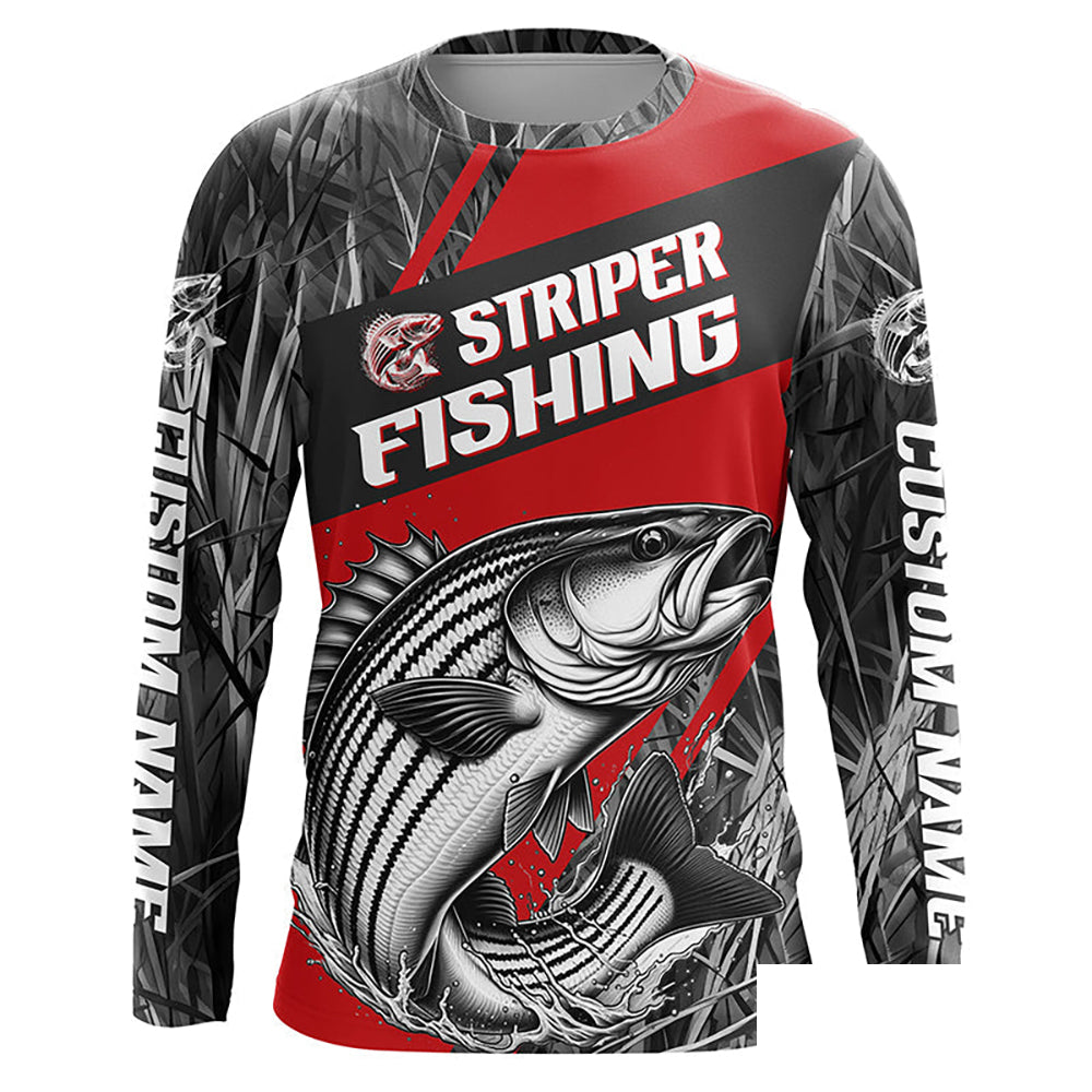 Black And Red Camo Striped Bass Long Sleeve Tournament Fishing Shirts, Custom Striper Fishing Jersey IPHW6317