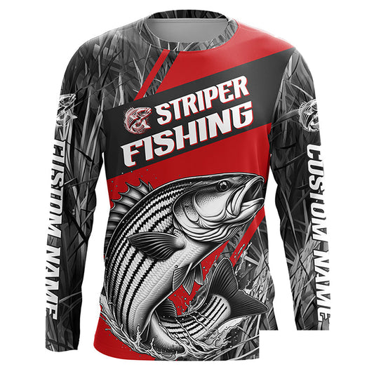 Black And Red Camo Striped Bass Long Sleeve Tournament Fishing Shirts, Custom Striper Fishing Jersey IPHW6317