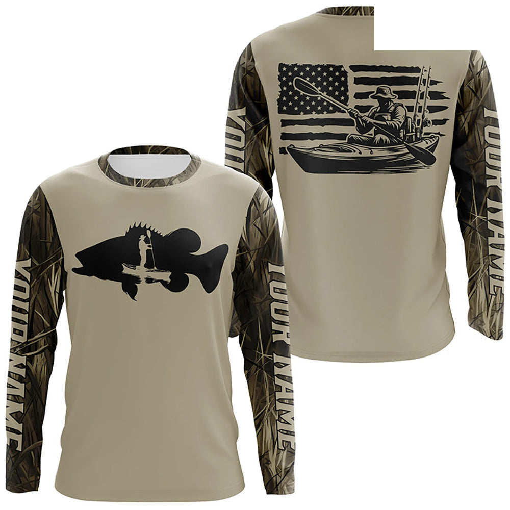 Personalized American Flag Kayak Bass Fishing Long Sleeve Shirts, Lake Camo Kayak Fishing Shirt IPHW6053