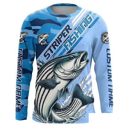 Custom Striped Bass Fishing Long Sleeve Shirts, Striper Saltwater Fishing Jerseys | Blue Camo IPHW6371