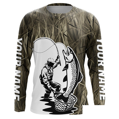 Custom Trout Fishing Camo Long Sleeve Fishing Shirts, Trout Tournament Fly Fishing Shirt IPHW7438