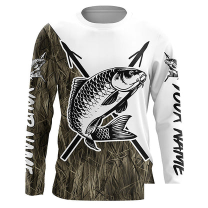 Carp Fish Bowfishing Shirts, Custom Carp Bow Fishing Long Sleeve Tournament Shirts | Grass Camo IPHW6395