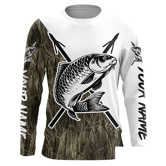 Carp Fish Bowfishing Shirts, Custom Carp Bow Fishing Long Sleeve Tournament Shirts | Grass Camo IPHW6395