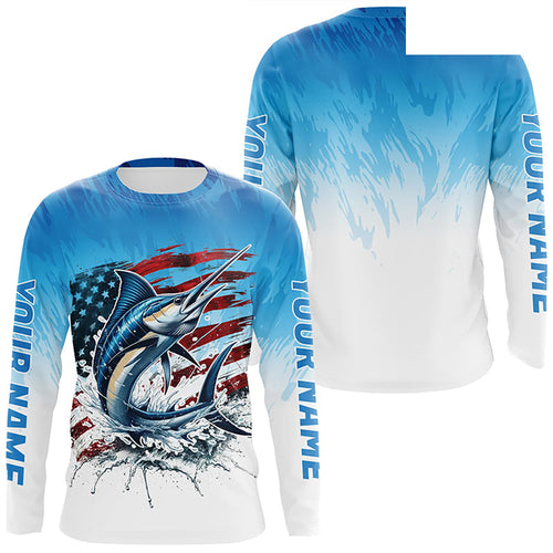 Custom Patriotic Marlin Long Sleeve Fishing Shirts, American Flag Marlin Saltwater Fishing Shirt IPHW7952