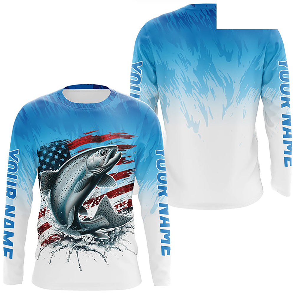 Custom Patriotic Chinook Salmon Long Sleeve Fishing Shirts, Salmon Saltwater Flag Fishing Shirt IPHW7953