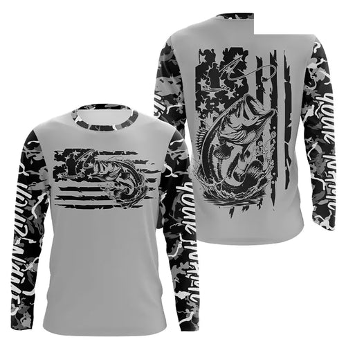 Gray Camo US Flag Custom Patriotic Largemouth Bass Long Sleeve Tournament Fishing Shirt IPHW8155