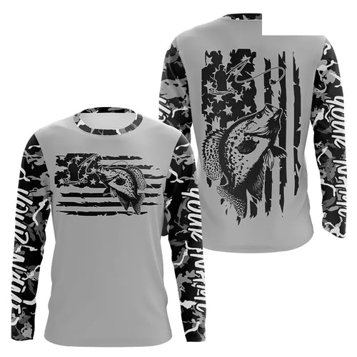 Gray Camo US Flag Custom Patriotic Crappie Long Sleeve Tournament Fishing Shirt IPHW8157