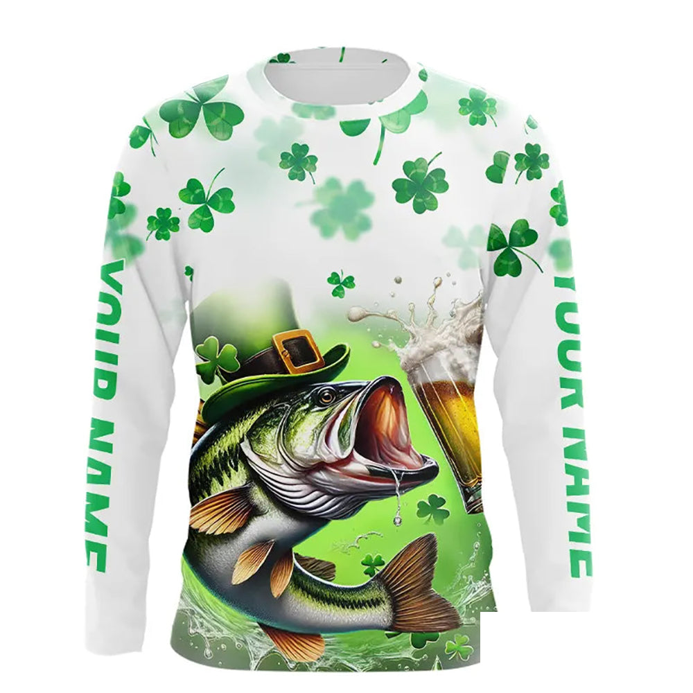 Custom St Patrick's Day Shamprock Largemouth Bass Long Sleeve Tournament Fishing Shirts IPHW8387