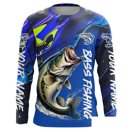 Personalized Largemouth Bass Long Sleeve Tournament Fishing Shirts, Water Camo Bass Fishing Jerseys IPHW6094