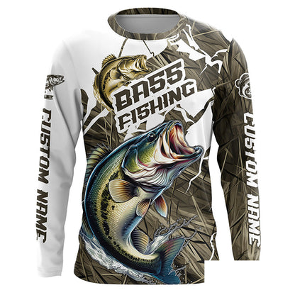 Largemouth Bass Fishing Custom Long Sleeve Tournament Shirts, Camouflage Bass Fishing Jerseys IPHW6625