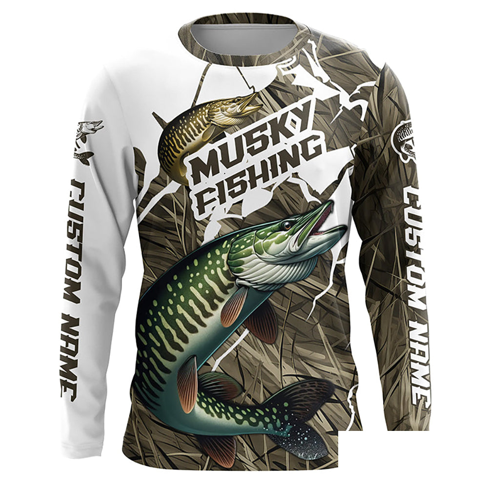 Musky Fishing Custom Long Sleeve Tournament Shirts, Camouflage Muskie Fishing Jerseys IPHW6626