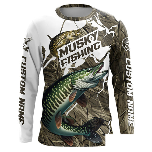Musky Fishing Custom Long Sleeve Tournament Shirts, Camouflage Muskie Fishing Jerseys IPHW6626